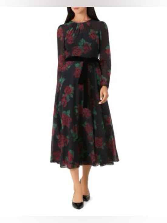 hobbs Dresses & Skirts - HOBBS Long Black Floral Maxi Dress with Velvet Waist Tie